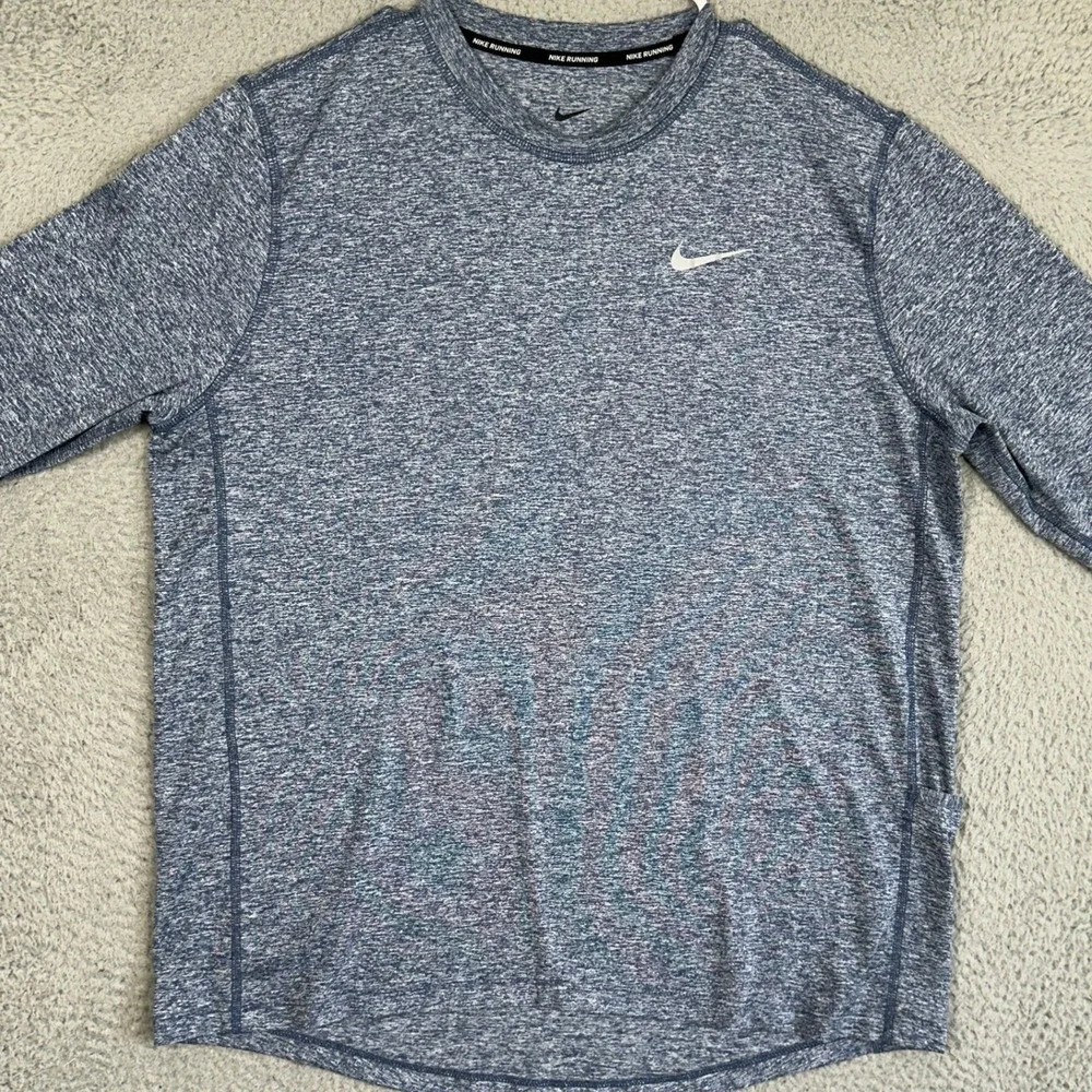 Nike Running Shirt Mens Large Blue Dri-Fit Salt Pepper Activewear Long Sleeve